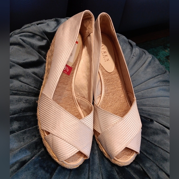 Lauren Ralph Lauren Shoes - Ralph Lauren Cecilia Champagne Satin Stripe Wedge Heels Peep Toe 8.5b Semi New